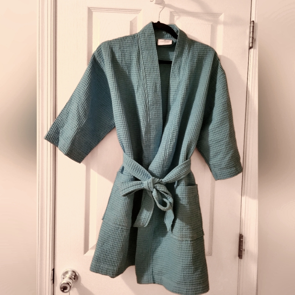 Teal Cotton Waffle short bathrobe Sz L
